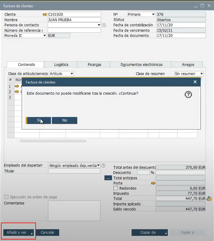 Añadir factura al sistema SAP