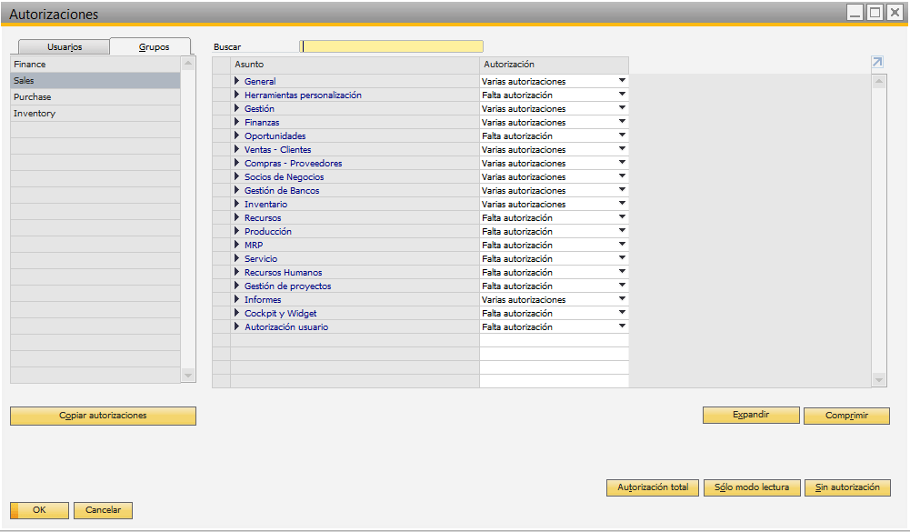 Autorizaciones grupos usuarios SAP