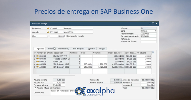 precios entrega en SAP Business One
